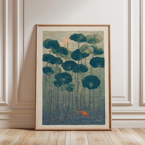 Lotus And Koi Poster, Japanese Botanical Art On Blue Water, Unframed Canvas 24x36in