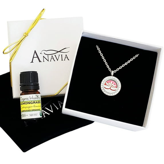 Lotus Aromatherapy Mother's Day Gift for Mom - Lemongrass Essential Oil Slider Pendant Necklace - Jewelry Gift Set for Mom - Anniversary - Birthday - 12 Reusable Pads - Ships Next Day!