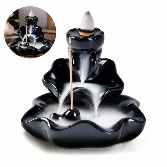 Lotus Backflow Waterfall Incense Burner Ceramic Incense Holder, Dual Use for Incense Sticks & Cones Porcelain Censer with 10 Mixed Aromatherapy Incense Cones