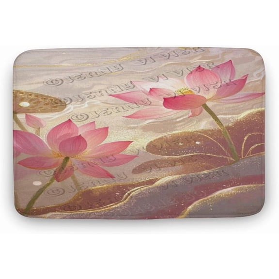 Lotus Bath Mat 16 x 24 Inches Non-Slip Soft Bathroom Rug with Sacred Flower Design, Absorbent and Machine Washable for Tub Area