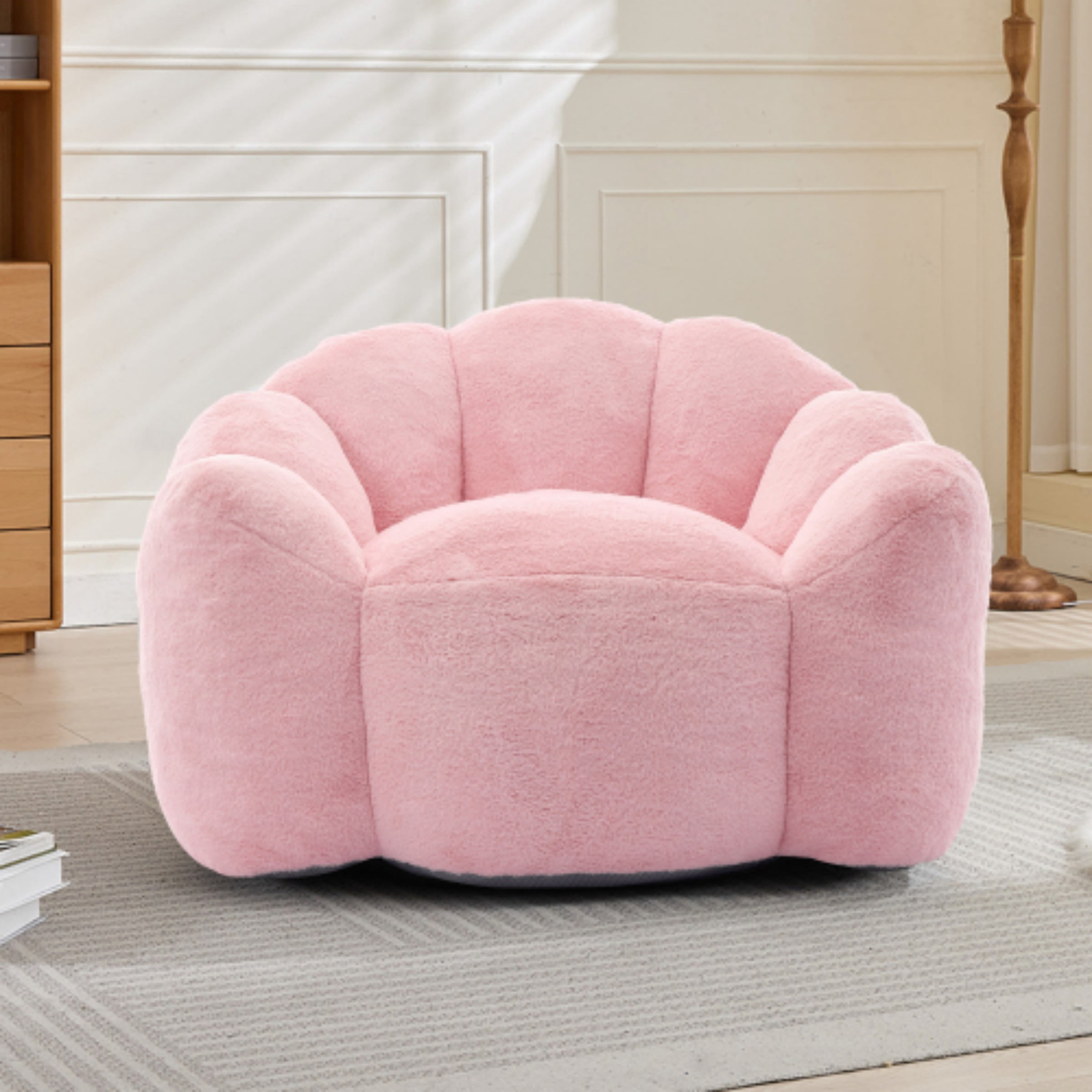 Lotus Bean Bag Sofa Chair for Adults, Memory Foam Lounge Chair with Pull Ring, Lazy Floor Sofa for Living Room Bedroom, Pink