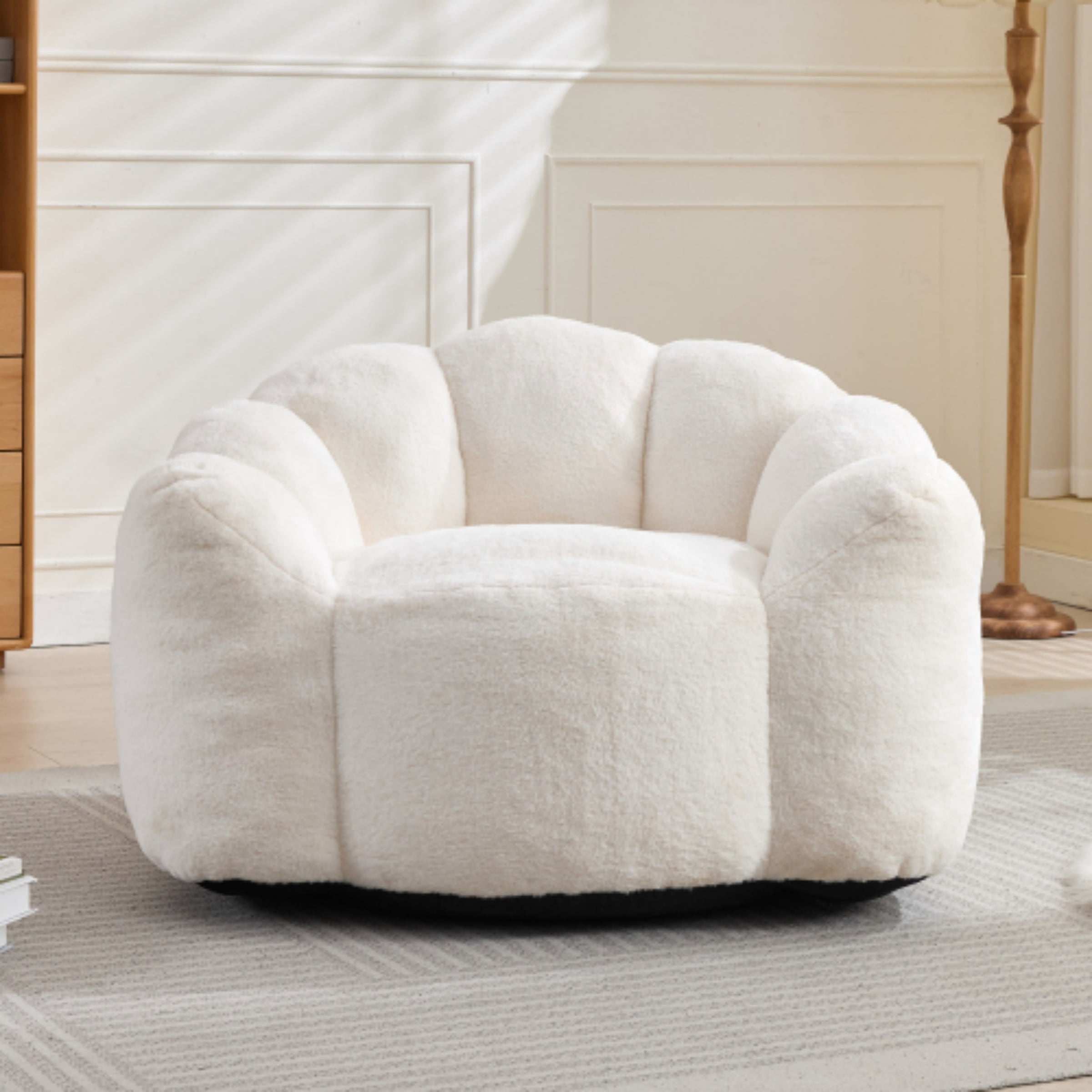 Lotus Bean Bag Sofa Chair for Adults, Memory Foam Lounge Chair with Pull Ring, Lazy Floor Sofa for Living Room Bedroom, White