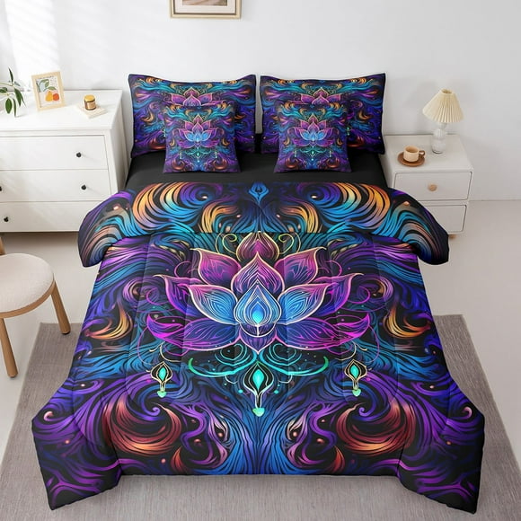 Lotus Bedding Comforter Sets 7 Pieces Bohemian Theme Bed in a Bag Purple Gradient Twin Bedding Sets Tribal Paisley Comforter Set Flower Bedding Sets & Collections Navy Blue Floral Decor