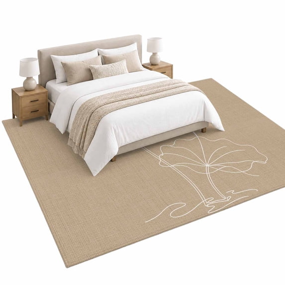 Lotus Bloom Area Rug 6'x9', Rustic Minimalist White Line Floral Brown ...