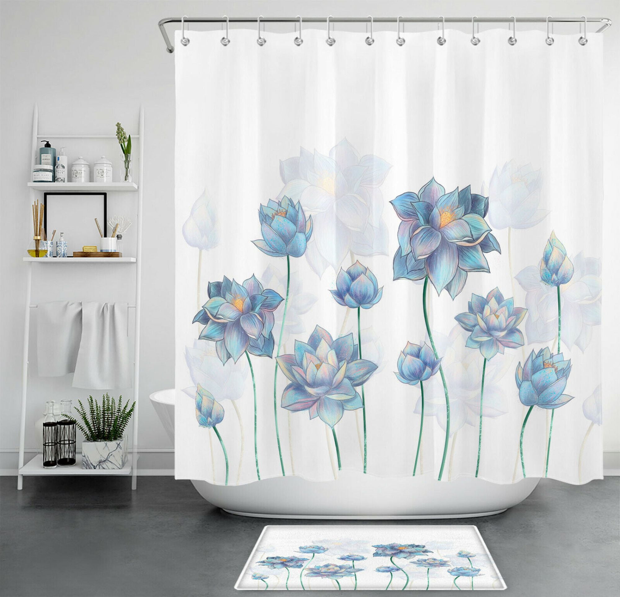 Lotus Blossom Bathroom Makeover Pale Blue Floral Shower Curtain