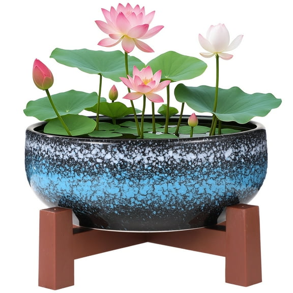 Lotus Bowl Planter with Cross Base, Ceramic Water Plant Bowl, Indoor Lotus Flower Pot with Starry Texture, Leakproof Bonsai Bowl, Hydroponic Planter for Aquatic Plants, Lilies, and Succulents