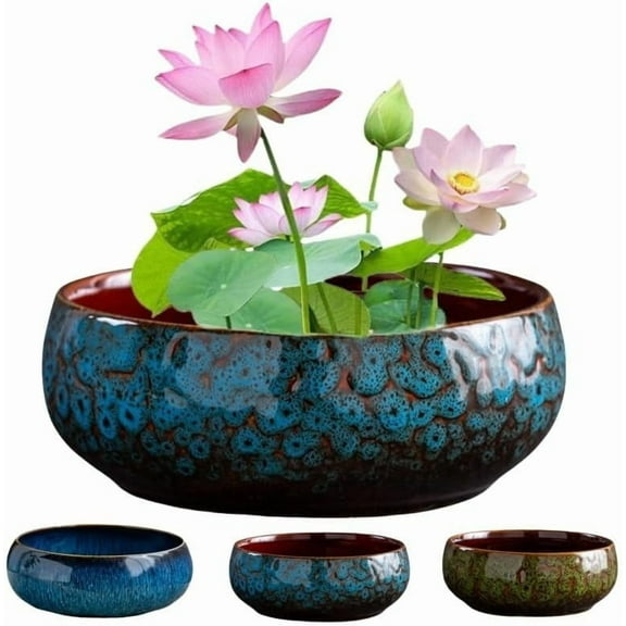Lotus Bowl Planter, Lotus Bowls for Planting in Water Indoors, Bonsai Bowl Lotus Flower Seeds, Ceramic Planters for Indoor Plants, Applicable to Hydroponic Plant(Kiln Turning Blue,1PC)