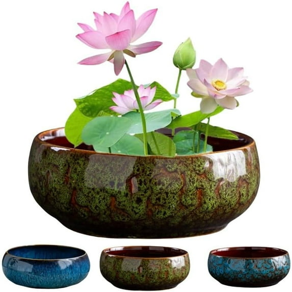 Lotus Bowl Planter, Lotus Bowls for Planting in Water Indoors,Bonsai Bowl Lotus Flower Seeds, Ceramic Planters for Indoor Plants, Applicable to Hydroponic Plant(Kiln Turning Green,1PC)
