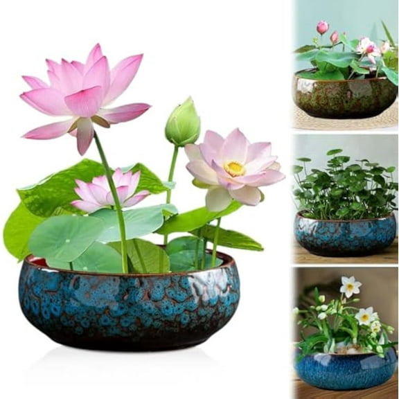 Lotus Bowl Planter, Retro Ceramic Lotus Flower Bowl, Lotus Bowls for Planting in Water Indoors, Large Caliber Flow Glaze Daffodil Pot Bowl, Applicable to Succulent Plants Hydroponic Plant (Blue)