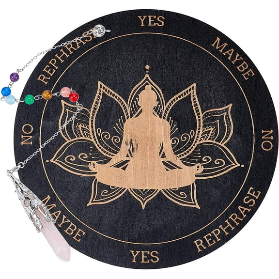 Lotus Buddha Pendulum Board Dowsing Divination Metaphysical Message Board Wooden Carven Board with Crystal Pendulum Necklace Divination for Witchcraft Wiccan Altar Supplies Kit 7.8 Inch