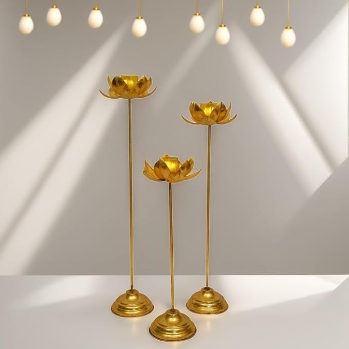 Kreative Art's Lotus 1 Candle Stand Set of 3, Gold Leafing, Housewarming Decor