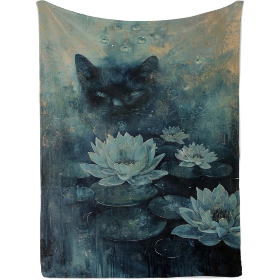Lotus Cat Tapestry Dark Mystical Wall Hanging Fantasy Botanical Fabric Art Vintage Oil Painting Style Decor for Bedroom or Living Room 40 x 60 Inch
