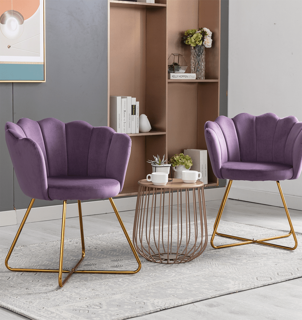 Lotus Chair Set of 2 Velvet Accent Chair with Iron Metal Gold