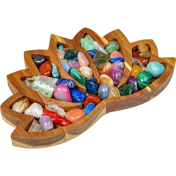 Lotus Crystal Display Tray - Showcase Your Gems, Healing Stones & Treasures - 11"x7" Wooden Rock Bowl, Crystal Holder for Stones Display Shelf, Gemstone Rock Holder Charging Bowl (Horizon)