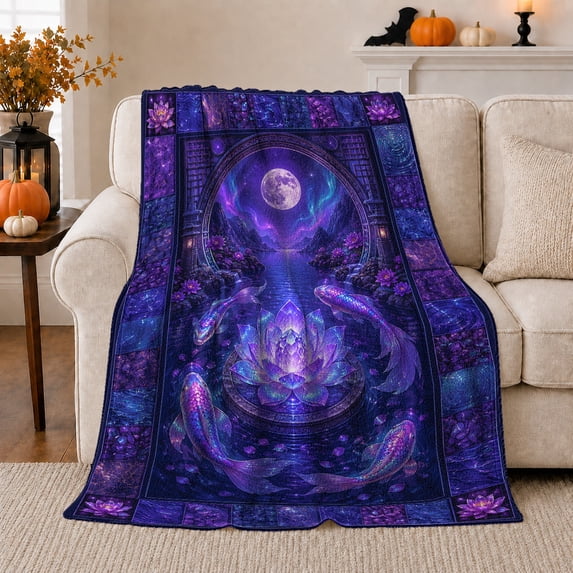 Lotus Crystal Pool beneath Full Moon, Mystical Fantasy Style for Celestial Art Lovers, Purple Moon Garden and Birthday Gift, Warm Flannel Blanket for Bedroom and Study Room, Home Decor