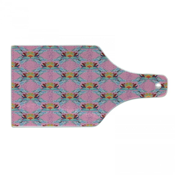 Lotus Cutting Board, Flower of Prosperity in Orient Sketch Illustration of Butterflies and Lotus, Decorative Tempered Glass Cutting and Serving Board, Wine Bottle Shape, Multicolor, by Ambesonne