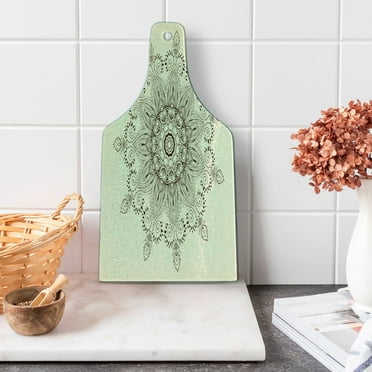Lotus Cutting Board, Mandala Universe Unity of Life Shabby Form Motif, Decorative Tempered Glass Cutting and Serving Board, Wine Bottle Shape, Seal Brown Cream, by Ambesonne