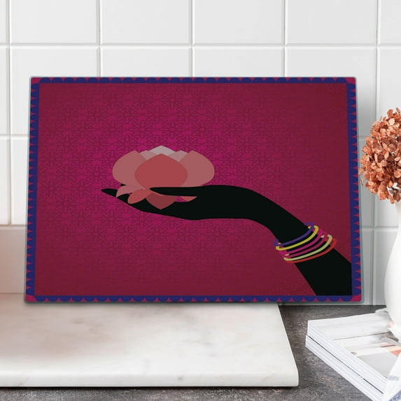 Lotus Cutting Board, Silhouette of Woman Hand with Bangles Holding a Japanese Flower Folklore Design, Decorative Tempered Glass Cutting and Serving Board, Large Size, Multicolor, by Ambesonne
