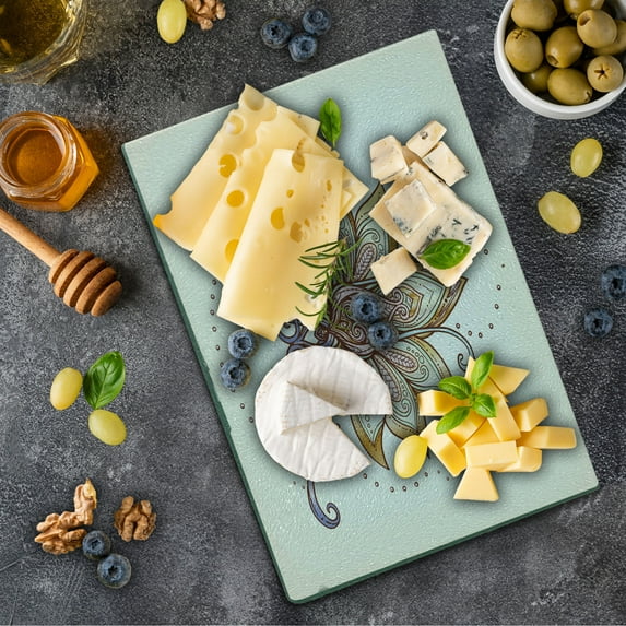 Lotus Cutting Board, Themed Flower Motif on Off White Background with Swirls Curls, Decorative Tempered Glass Cutting and Serving Board, in 3 Sizes, by Ambesonne