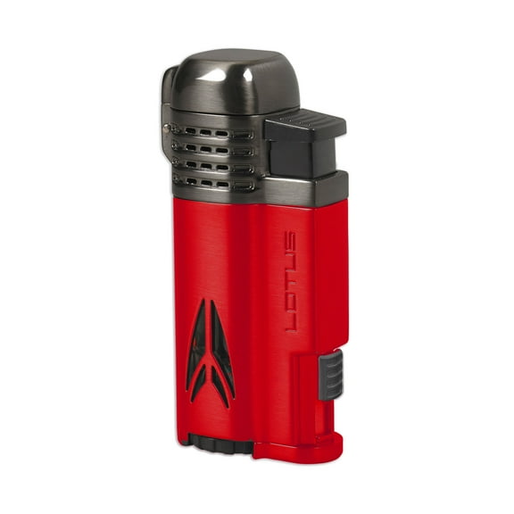 Lotus Defiant Cigar Lighter with Quad Pinpoint Torch Flames, Single Action Ignition, All Metal Housing, Retractable 10 mm Cigar Punch, Large Flame Adjuster (Red Matte & Dark Gunmetal)