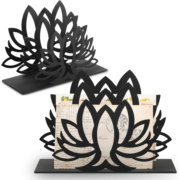 Lotus Desktop Mail Organizer Lotus Shaped Mail Holder Countertop Black Metal File Letter Holder Letter Sorter for Envelope Document Paper Book Magazine Storage Office Home