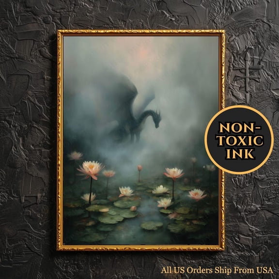 Lotus Dragon Wall Art Dark Fantasy Sea Creature Poster Water Dragon Painting Gothic Lily Pond Monster Artwork Mythological Black Dragon Art 8X12 UNFRAMED