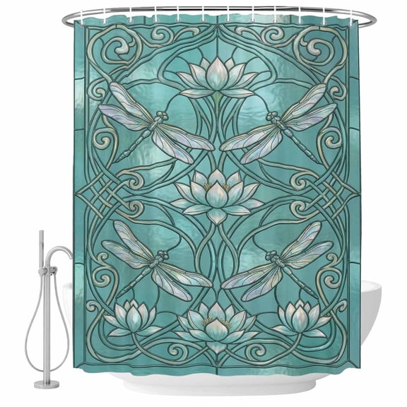 Lotus Dragonfly Bathroom Shower Curtains with Hooks, Retro Teal Floral Plant Dragonfly Green Glass Waterproof Fabric Washable Shower Curtain for Home Hotel Bathtub Decor 72x72 Inch