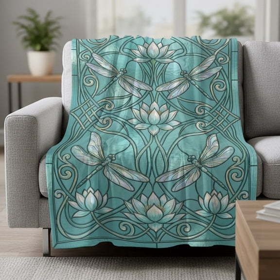 Lotus Dragonfly Fleece Throw Blanket Retro Teal Floral Plant Dragonfly Green Glass Ultra Soft Fuzzy Cozy Flannel Throw Blanket for Couch Sofa Bed Car Travel, Ideal Gifts 50x60 Inches