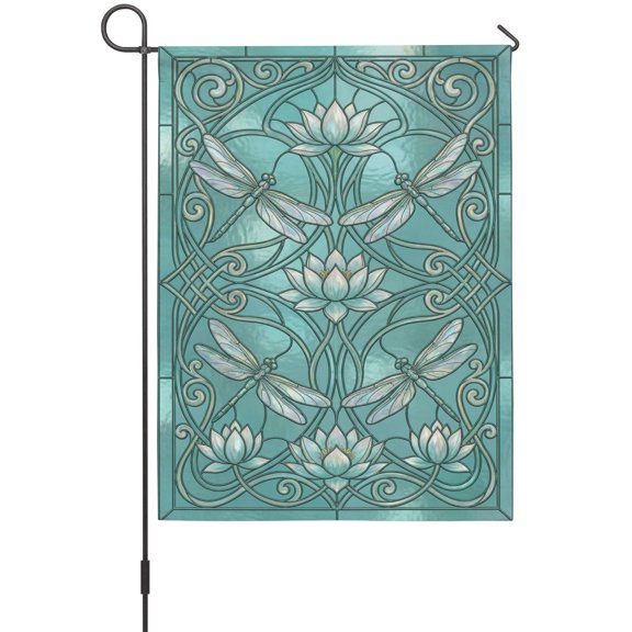 Lotus Dragonfly Garden Flag 12x18 Inch Retro Teal Floral Plant Dragonfly Green Glass Double Sided Outdoor Garden Flags Welcome House Flag Decorative Yard Flags for Outside Holiday Decoration