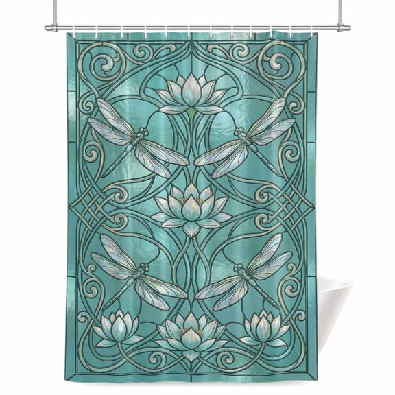 Lotus Dragonfly Shower Curtain, Retro Teal Floral Plant Dragonfly Green Glass Waterproof Shower Curtain Set with 12 Hooks Lightweight Bath Curtains Fabric Bathroom Decor 72x78 Inches