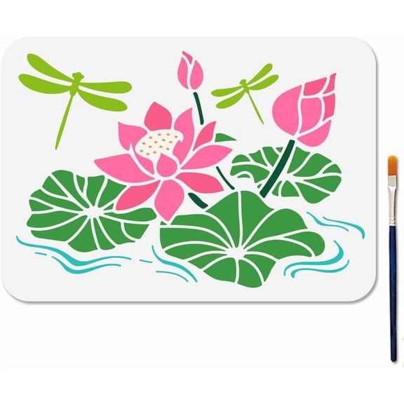 Lotus Dragonfly Stencil Water Lily Template 11.7x8.3inch Nature Pond Plants Stencil for Painting with Paint Brush for Wood Wall Window DIY Craft