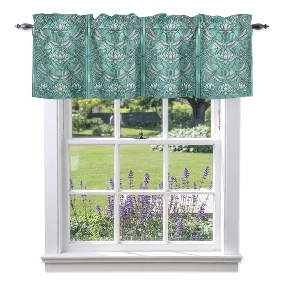 Lotus Dragonfly Valance Curtain Retro Teal Floral Plant Dragonfly Green Glass Window Valances Rod Pocket Short Curtains Window Treatments for Kitchen Bedroom Bathroom Laundry 60" x 14"