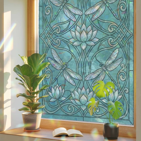 Lotus Dragonfly Window Privacy Film, Retro Teal Floral Plant Dragonfly Green Glass Stained Glass Rainbow Film Decorative Window Clings, Static Cling Sun Blocking Stickers 35.4" x 78.7"