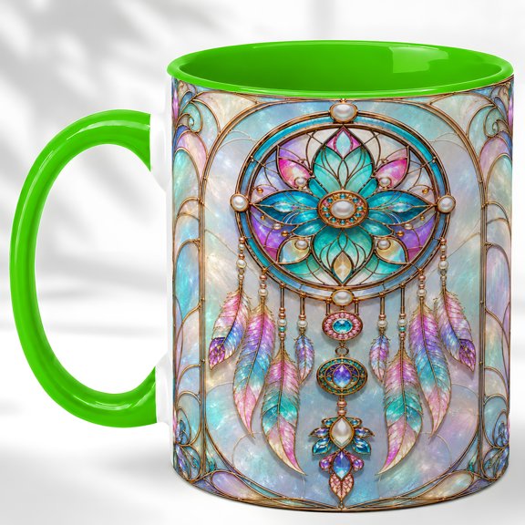 Lotus Dreamcatcher Coffee Mug, Boho Feather Mug, Ceramic 11 oz