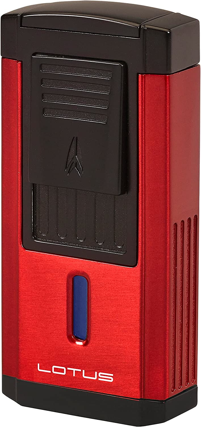 Lotus Duke Cigar Lighter with Triple Pinpoint Wind-Resistant Torch Flames, Single Action Ignition, Integrated Cutter, Tinted Fuel Level Window