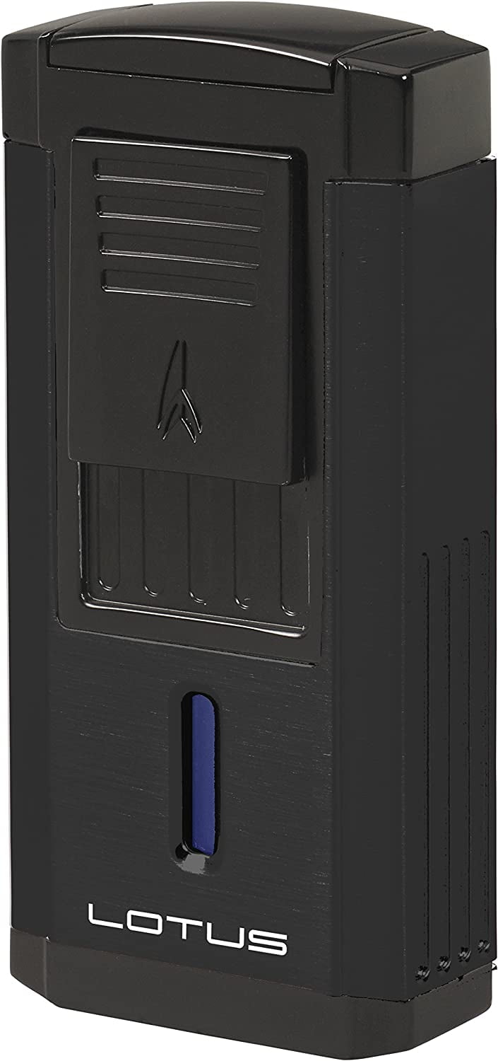 Lotus Duke Cigar Lighter with Triple Pinpoint Wind-Resistant Torch Flames, Single Action Ignition, Integrated Cutter, Tinted Fuel Level Window