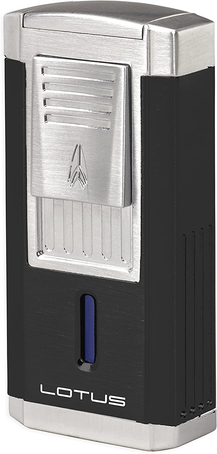 Lotus Duke Cigar Lighter with Triple Pinpoint Wind-Resistant Torch Flames, Single Action Ignition, Integrated Cutter, Tinted Fuel Level Window