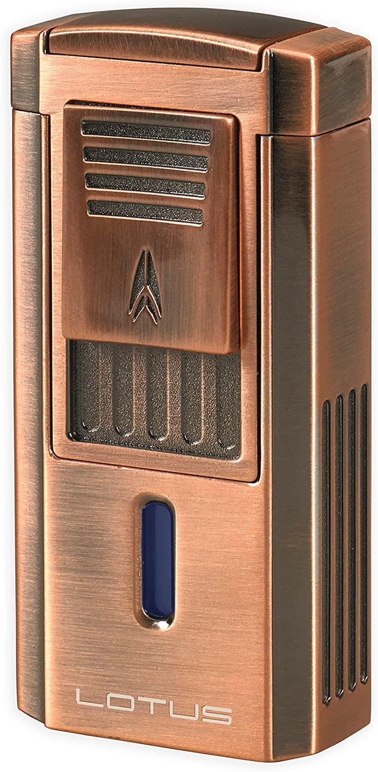 Lotus Duke V Cigar Lighter with Triple Pinpoint Wind-Resistant Torch Flames, Single Action Ignition, Integrated V-Cut Cutter, Tinted Fuel Level Window