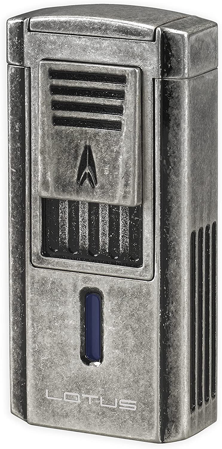 Lotus Duke V Cigar Lighter with Triple Pinpoint Wind-Resistant Torch Flames, Single Action Ignition, Integrated V-Cut Cutter, Tinted Fuel Level Window