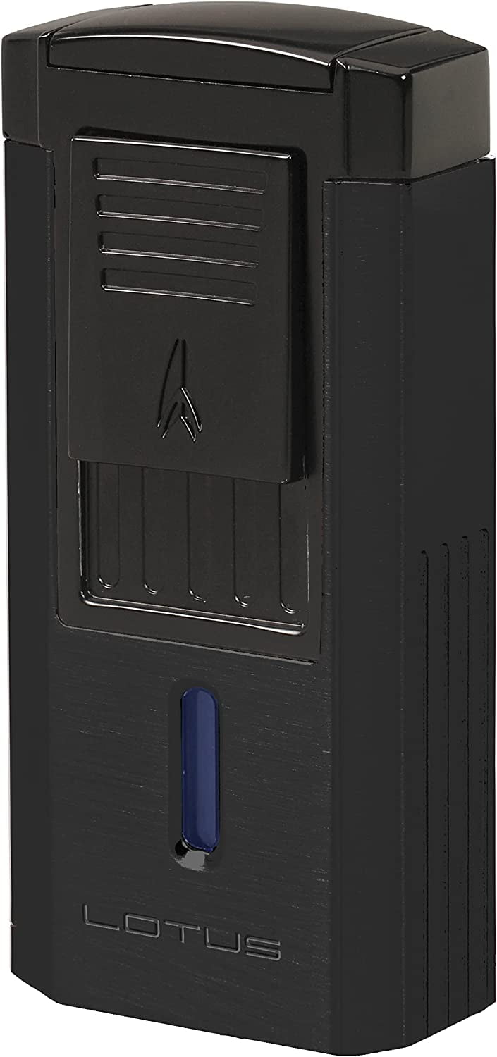 Lotus Duke V Cigar Lighter with Triple Pinpoint Wind-Resistant Torch Flames, Single Action Ignition, Integrated V-Cut Cutter, Tinted Fuel Level Window