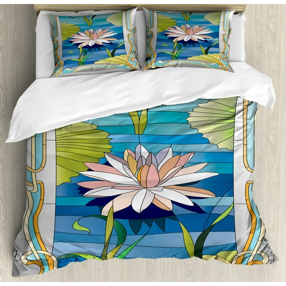 Lotus Duvet Cover Beautiful Asian Flower Blooming In Spring Meadow Natural Zen Garden Polyester Quilt Cover Pink Green