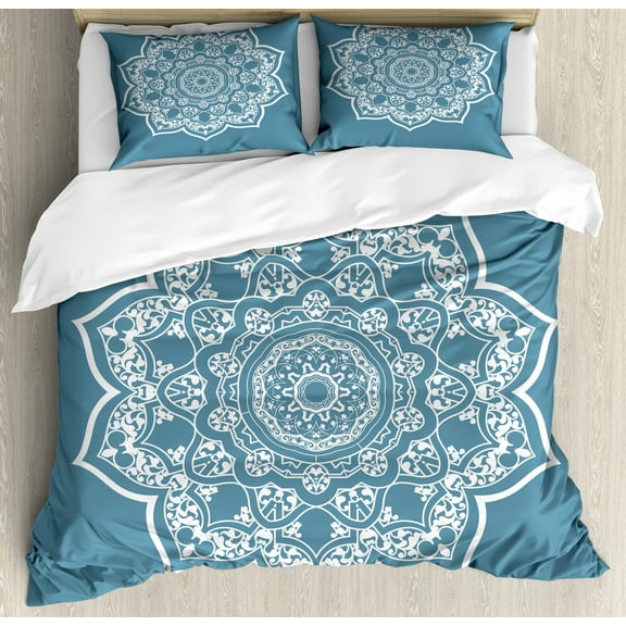 Lotus Duvet Cover Set, Cultural Universe Floral Mandala with Lace Effects Boho Motif, Decorative 3 Piece Bedding Set with 2 Pillow Shams, Queen Size, Slate Blue White, by Ambesonne
