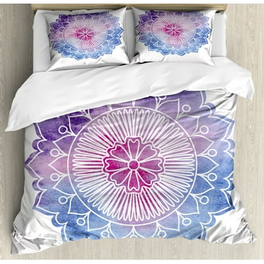 Lotus Duvet Cover Set, Doodle Style Watercolor Flower Bloom Secret Lifestyle Pattern, Decorative 3 Piece Bedding Set with 2 Pillow Shams, Calking Size, Violet Blue Fuchsia, by Ambesonne