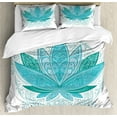 thumbnail image 1 of Lotus Duvet Cover Set, Flower Bloom Ornaments Exotic Petals Mandala Traditional Boho Design, Decorative 3 Piece Bedding Set with 2 Pillow Shams, Queen Size, Sky Blue Teal, by Ambesonne, 1 of 3