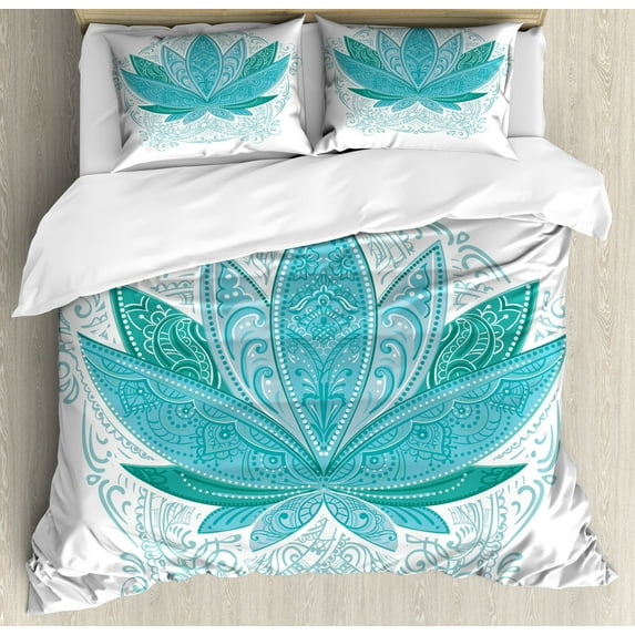 Lotus Duvet Cover Set, Flower Bloom Ornaments Exotic Petals Mandala Traditional Boho Design, Decorative 3 Piece Bedding Set with 2 Pillow Shams, Queen Size, Sky Blue Teal, by Ambesonne