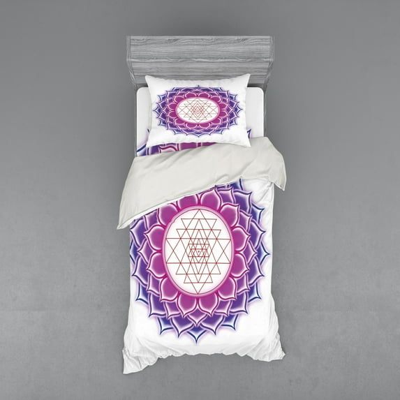 Lotus Duvet Cover Set, Geometry Yantra Mandala Triangle Yoga Illustration, Bedding Set with Shams and Fitted Sheet, 3 Sizes, by Ambesonne