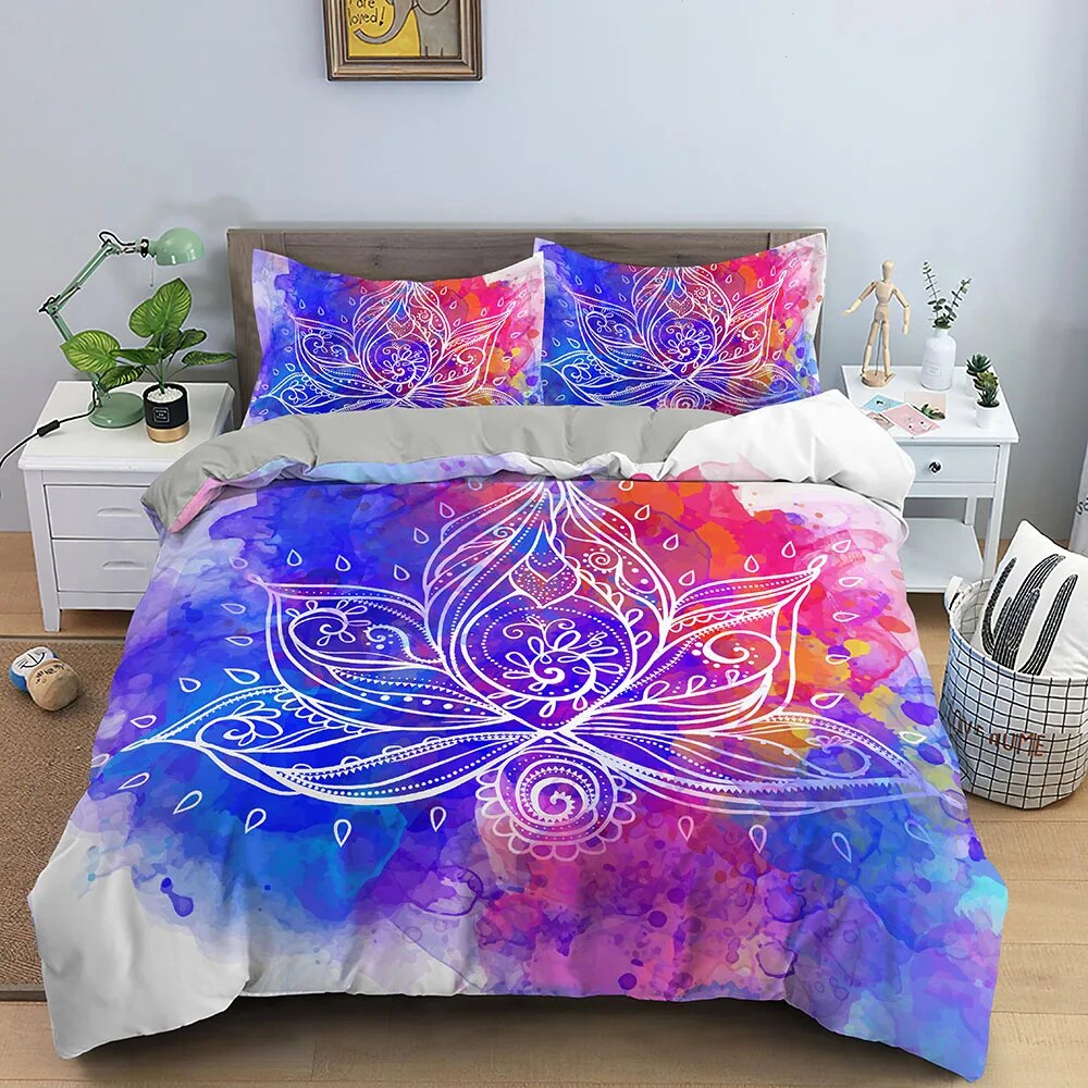 Lotus Duvet Cover Set King Size 3D Print Boho Luxury Polyester Quilt