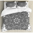 thumbnail image 1 of Lotus Duvet Cover Set King Size, Ornamental Mandala with Lace Pattern Featured Mixed Flower Petals Ethnic Folk Design, Decorative 3 Piece Bedding Set with 2 Pillow Shams, Black White, by Ambesonne, 1 of 3