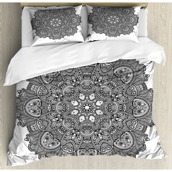 Lotus Duvet Cover Set King Size, Ornamental Mandala with Lace Pattern Featured Mixed Flower Petals Ethnic Folk Design, Decorative 3 Piece Bedding Set with 2 Pillow Shams, Black White, by Ambesonne