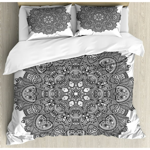 Lotus Duvet Cover Set King Size, Ornamental Mandala with Lace Pattern Featured Mixed Flower Petals Ethnic Folk Design, Decorative 3 Piece Bedding Set with 2 Pillow Shams, Black White, by Ambesonne